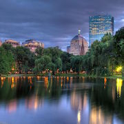 5889042 - view across the public garden pond towards the hancock towers at sunset