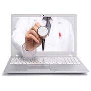 Telemedicine concept. Doctor with a stethoscope on the computer laptop screen